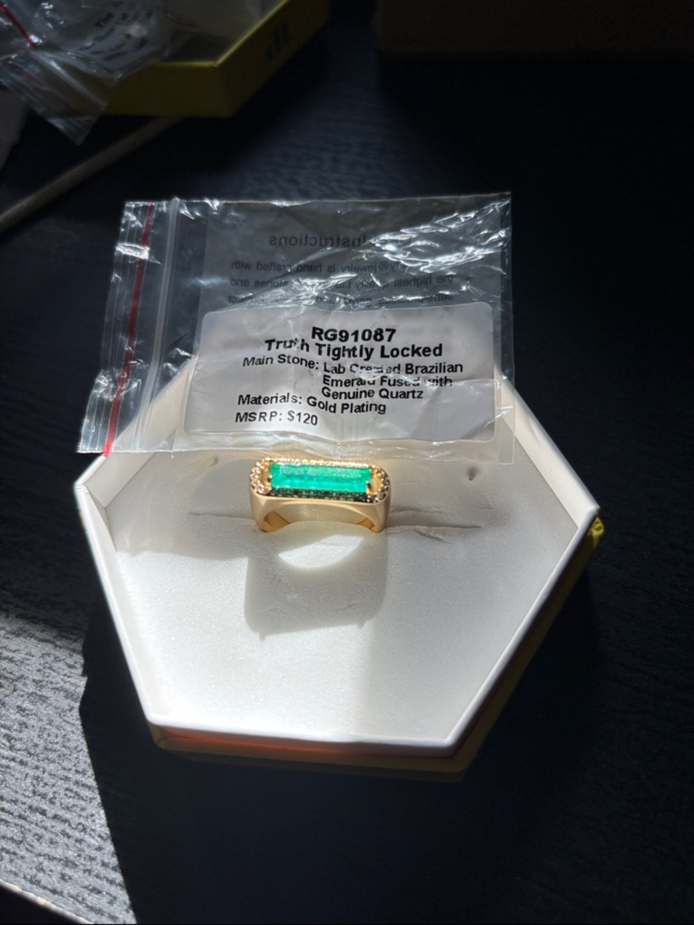 Tightly Locked Gold-Plated Ring with Green Emerald-Fused Quartz